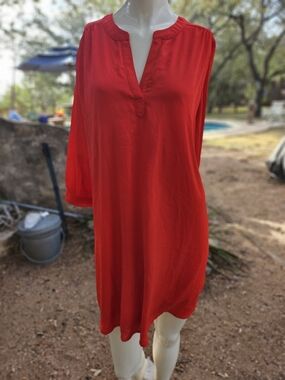 Lulu's Vibrant Red Polyester Split-Neck Puff Sleeve Tunic Blouse M